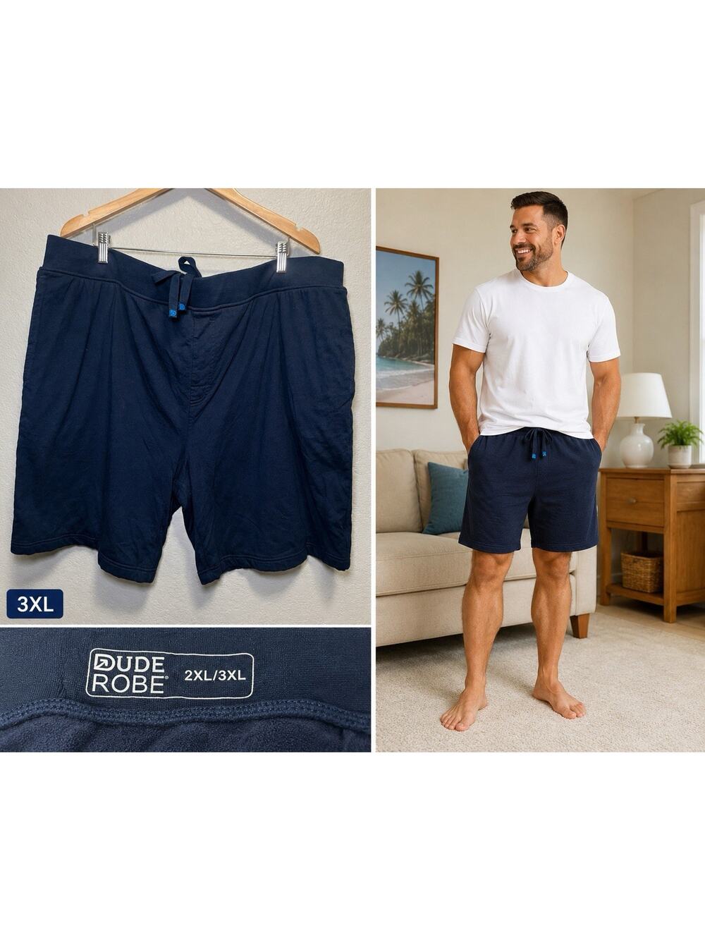 Dude Robe Shorts Mens 2XL/3XL Blue 8" Inseam Terry Lined Luxury Loungewear